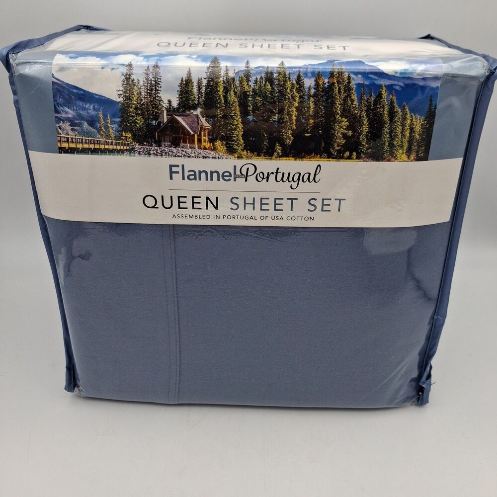 Flannel from Portugal Queen 4-Piece 100% Cotton Flannel Sheet Set ~ Stone Blue